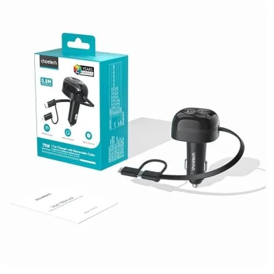 Choetech PD45W USB-C+USB-A  Car Charger with C+L Interface Stretchable Cable - Black